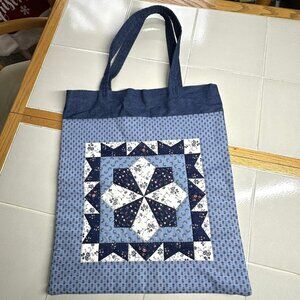 Blue Ditzy Floral Quilted Cotton Denim Tote Bag Prairie Country Farmhouse School